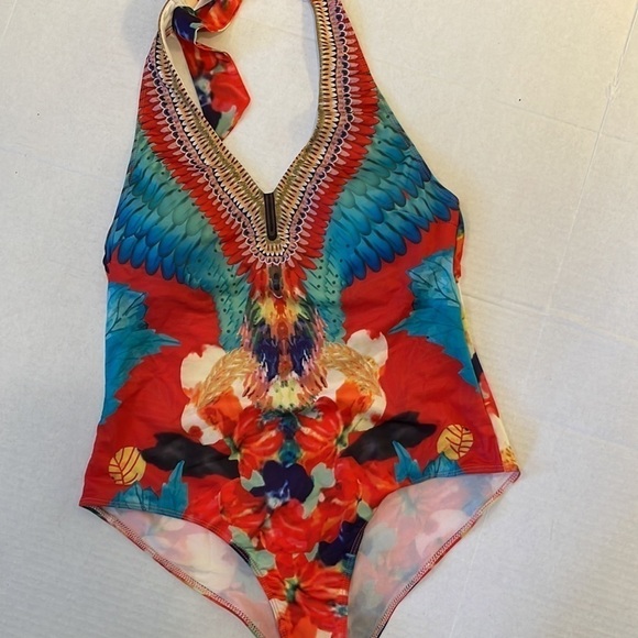 Colorful NWOT Peacock Feather Like Print Halter One Pc Swimsuit. D250/A370 - Picture 4 of 8